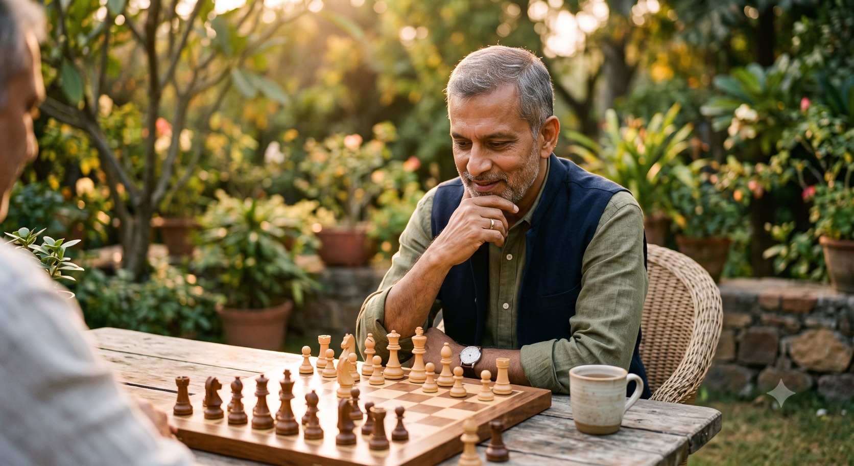 An older man absorbed in a game of chess in a sunlit garden