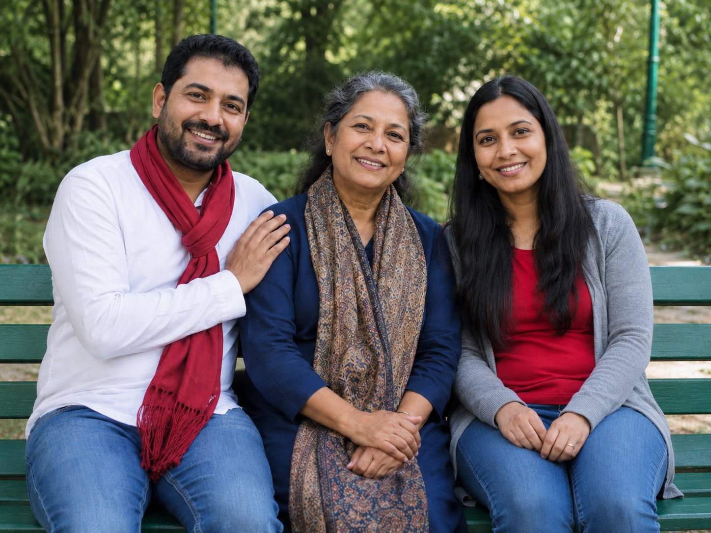 Three generations of a family sitting close together on a park bench