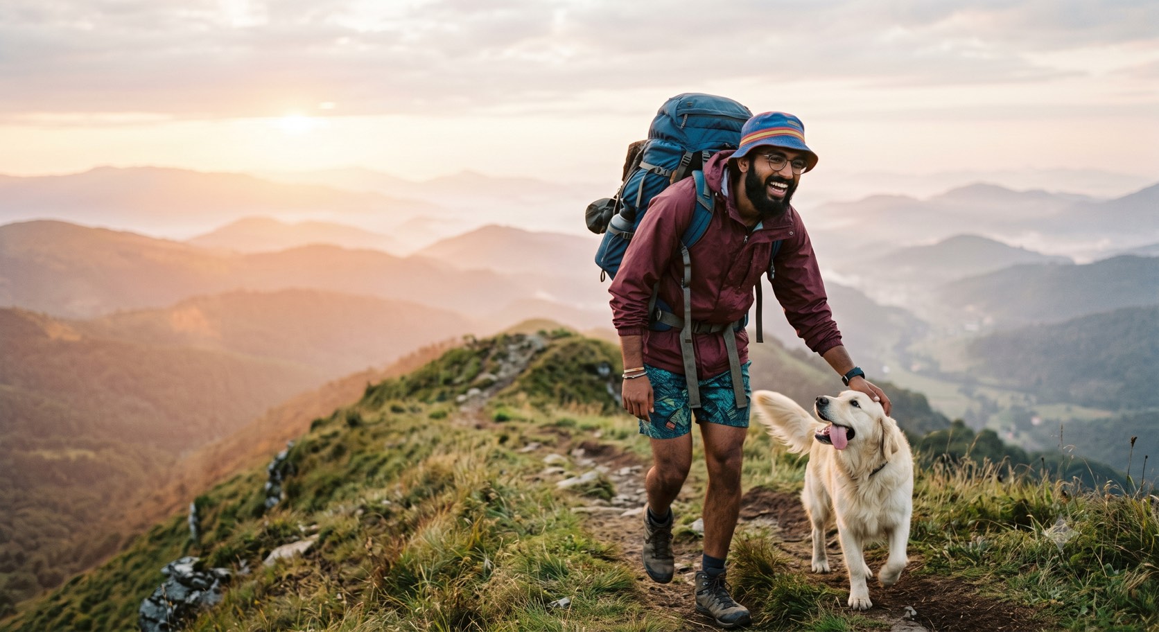 A hiker and his dog cresting a mountain ridge at sunrise